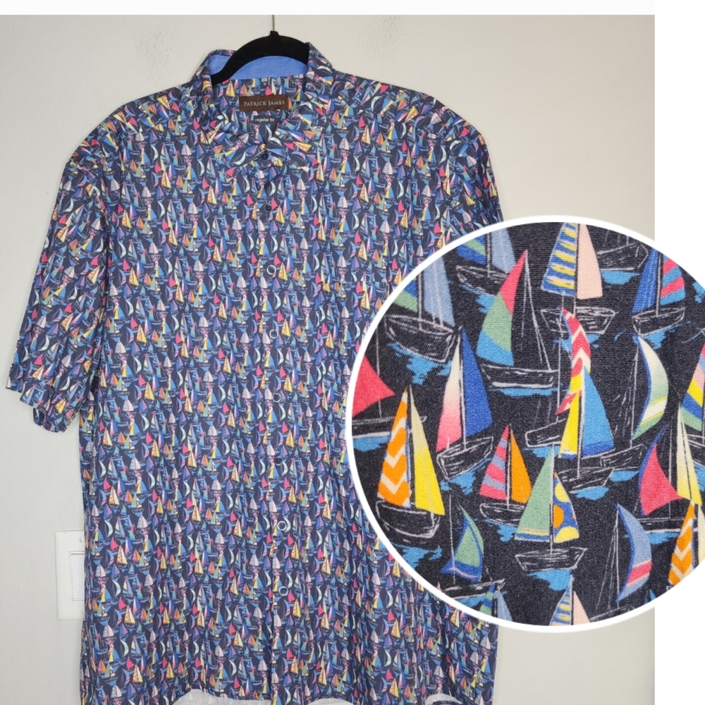 Patrick James Sailboat Printed Short Sleeve Button Down Shirt Men's Size XXL 18